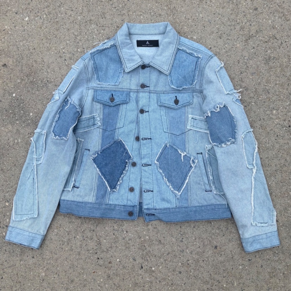 Paper Money Mens Light Wash Patchwork Deconstructed Denim Trucker Jacket Large